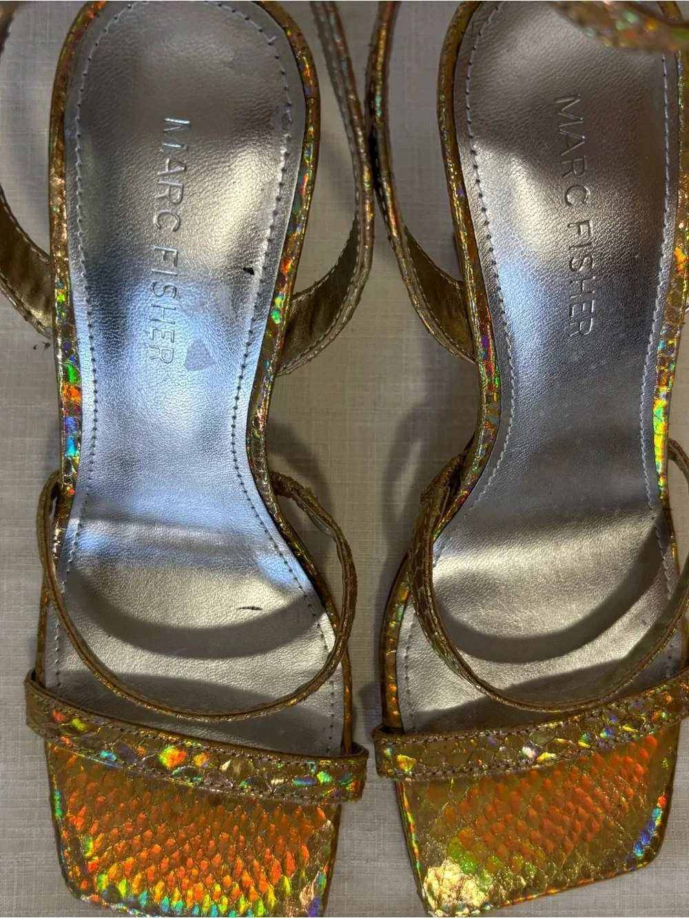 Marc Fisher Gold Holographic Strappy Heels Size 6M Square Toe Sandals